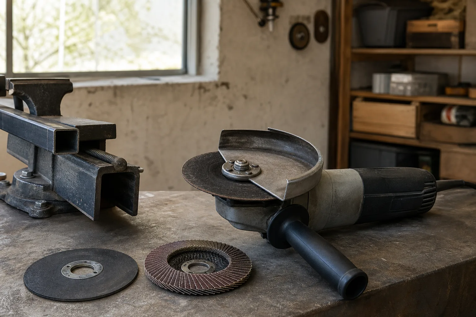 Avstängd vinkelslip med skyddskåpa och sidohandtag bredvid en metallprofil och två skivor.