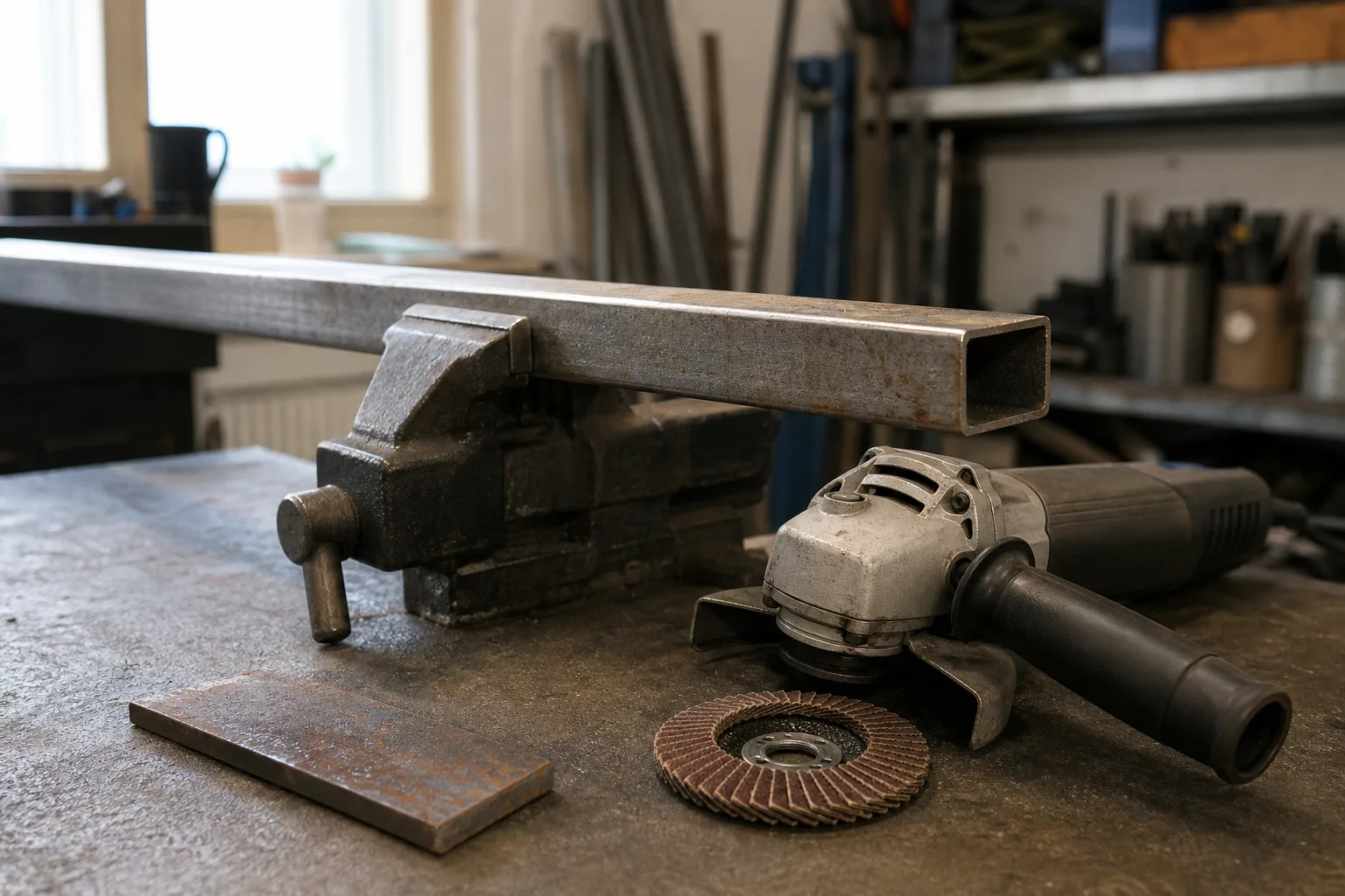 Fastspänd metallprofil och en rostig metallbit bredvid en avstängd vinkelslip och lamellskiva.