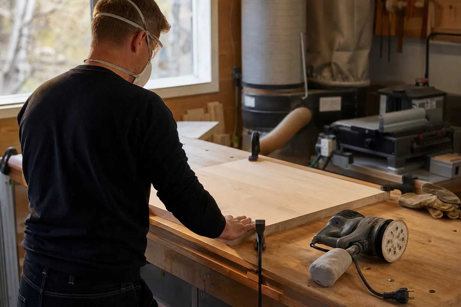 Person sedd bakifrån med skyddsglasögon och andningsskydd vid fastspänd träskiva och avstängd slipmaskin.