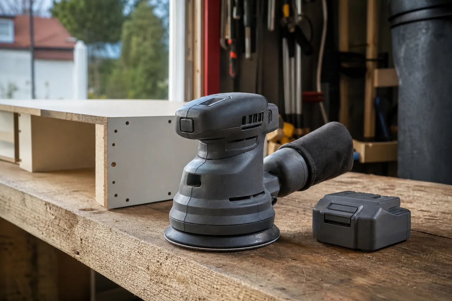 Generisk batteridriven slipmaskin med rund platta, löst batteri och en möbelhylla på en träbänk.