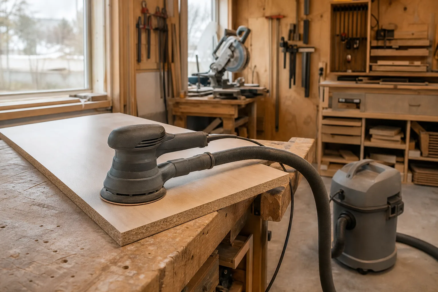 Generisk slipmaskin med rund platta och utsugsslang vid en möbelskiva i en snickarbod.