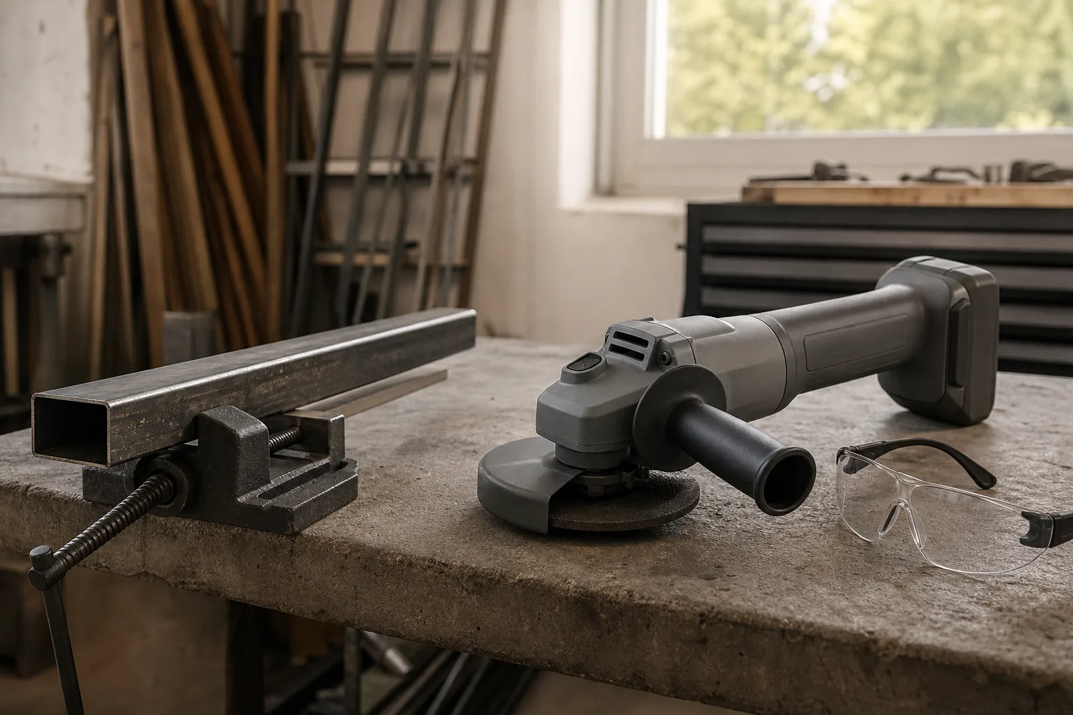 Generisk batteridriven vinkelslip med skyddskåpa bredvid en metallprofil och skyddsglasögon.