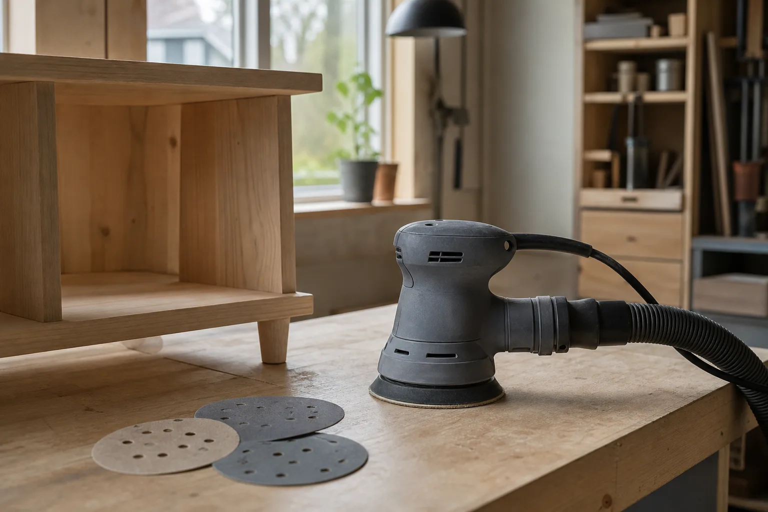 Generisk handhållen slipmaskin med rund platta, perforerade slipark och en möbeldel på en bänk.