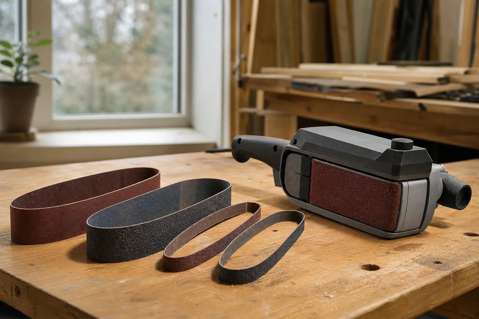 Lösa slipband i olika bredder och ytstruktur bredvid en avstängd handhållen bandslipmaskin.